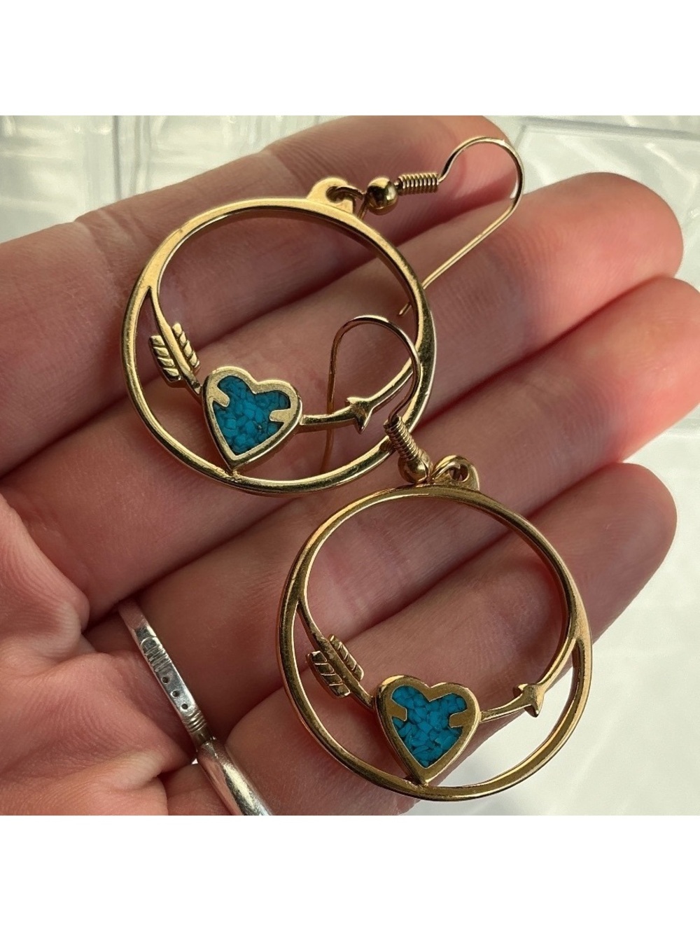 Gold Crushed Turquoise Hearts Hoop Arrow Earrings